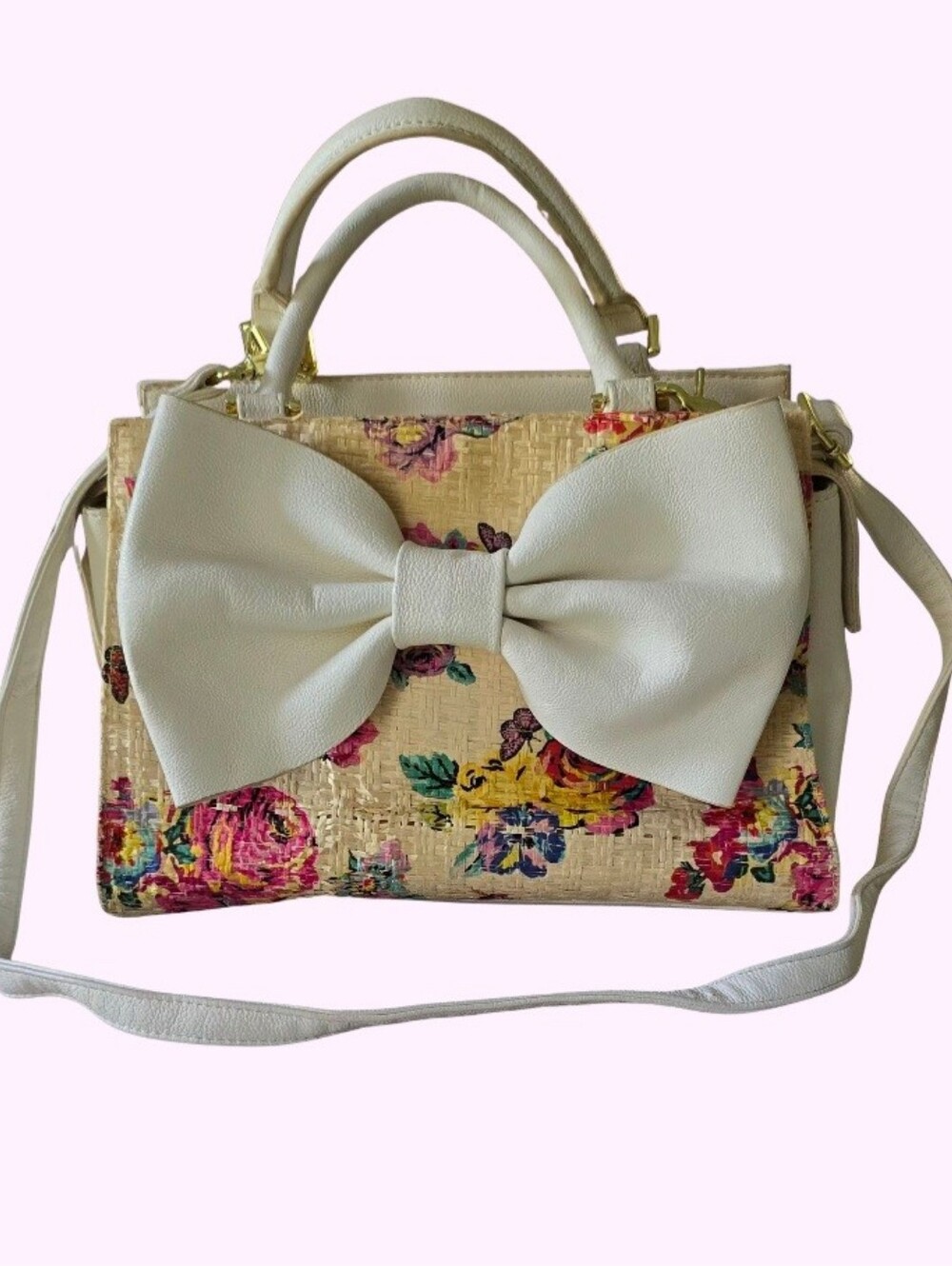 Betsey Johnson Satchel Bag Floral Big Bow Straw +Faux Leather Shoulder Purse